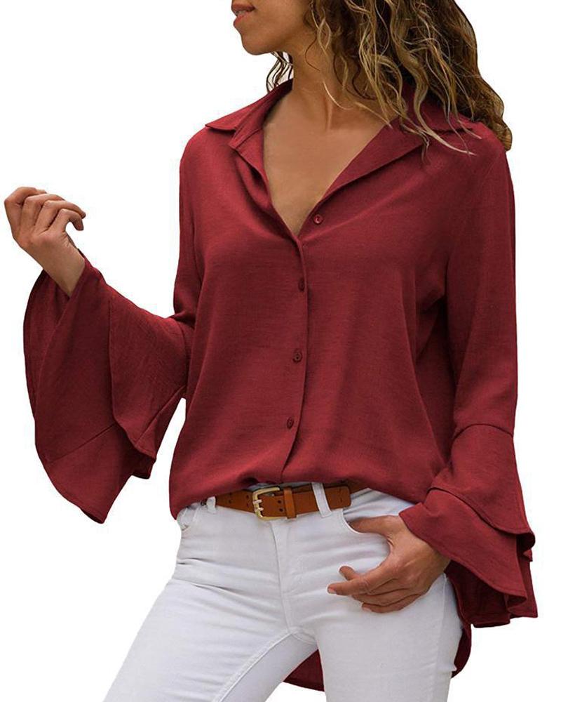 

Plain Flared Sleeve Button Front Shirt, Wine red