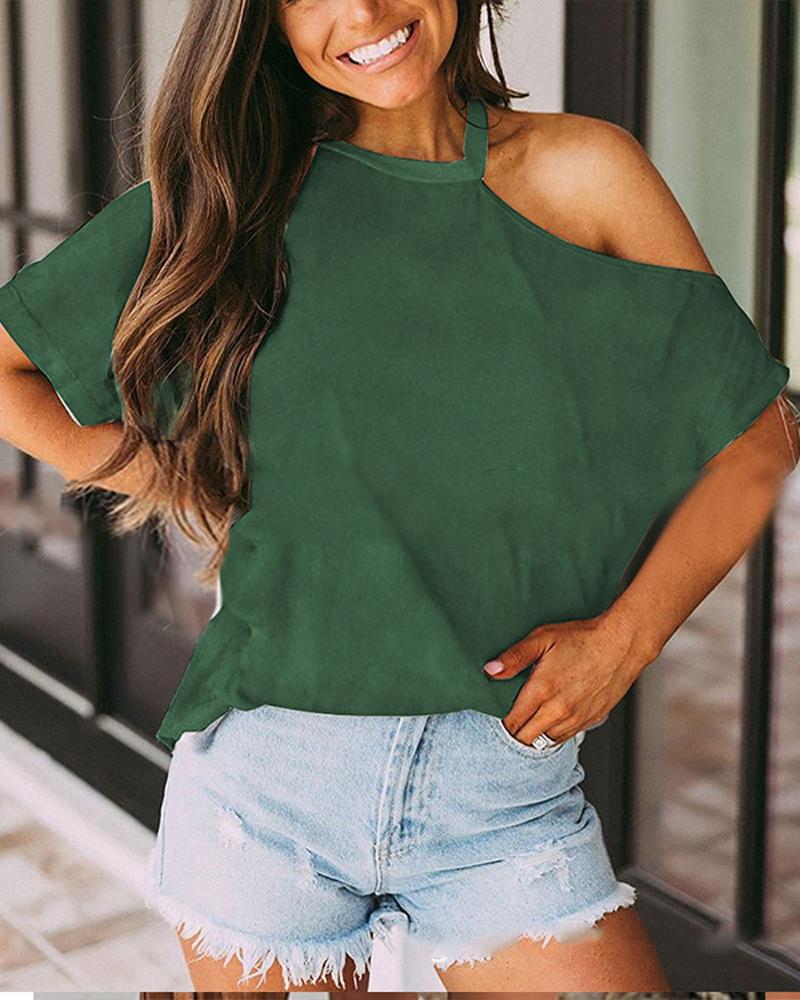

Plain Cold Shoulder Casual T-shirt, Green