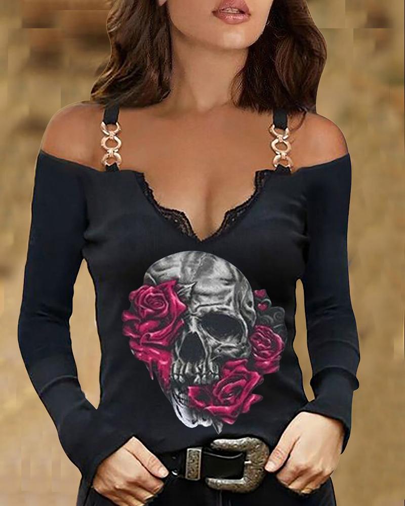 

Halloween Skull Floral Print Metal Decor Cold Shoulder Top, Black