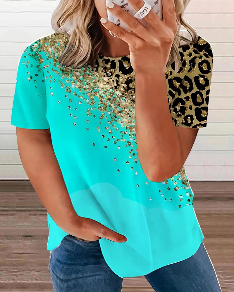 Plus Size Contrast Leopard Print Round Neck T-Shirt