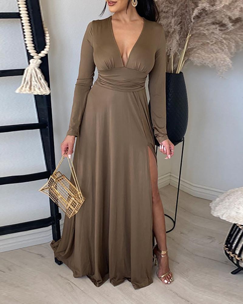 

Long Sleeve High Slit Ruched Maxi Dress, Brown