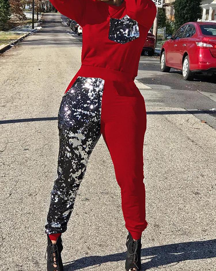

Long Sleeve Sequin Sweatshirt & Pant Sets, Red