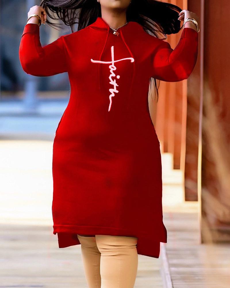 

Plus Size Letter Print Slit Casual Hooded Sweatshirt Dress, Red