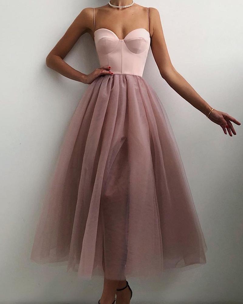 

Spaghetti Strap Mesh Prom Dress, Pink