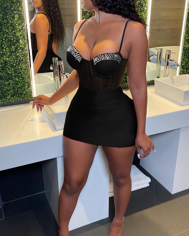 

Rhinestone Contrast Mesh Cami Bodycon Dress, Black