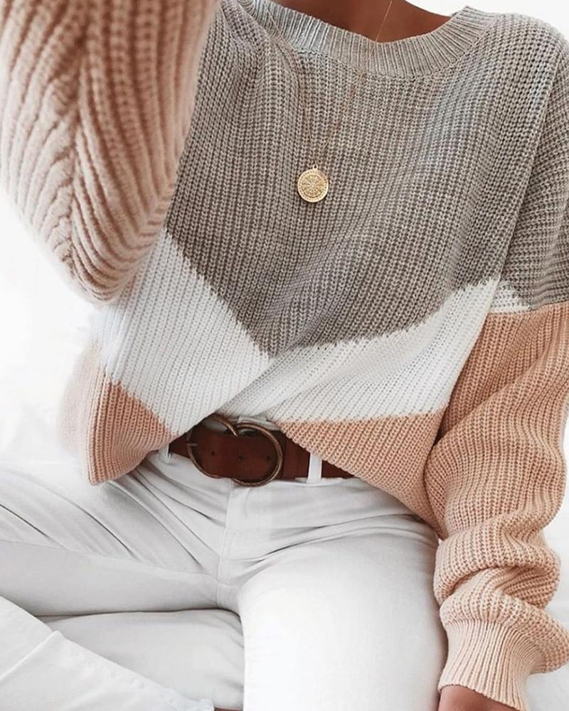 

Colorblock Long Sleeve Knit Casual Sweater, Gray