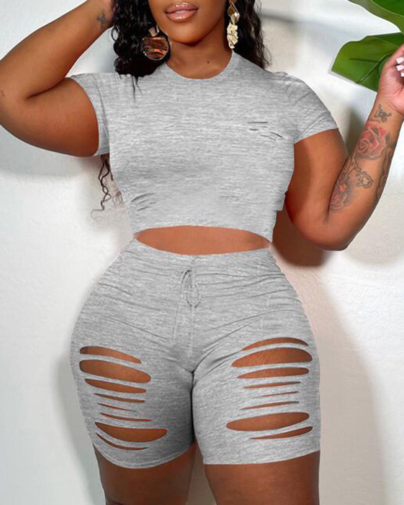 

Plus Size Cutout Crop Top & Drawstring Shorts Set, Gray