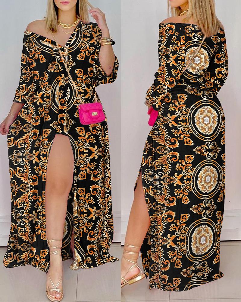 

Baroque Print Button Design High Slit Maxi Dress, Black