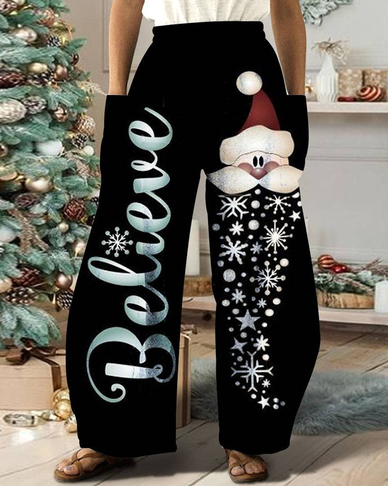 

Christmas Snowflake Letter Print Wide Leg Pants, Black