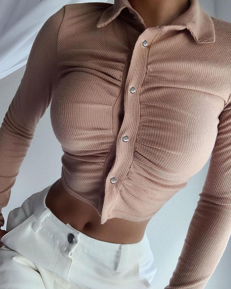 

Ruched Button Front Ribbed Skinny Top, Pink