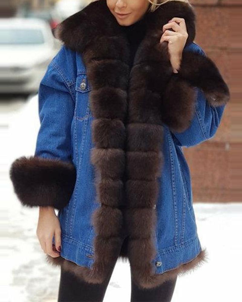 

Women' Casual Winter Long Coat Colorblock Faux Fur And Denim Long Sleeve Warm Jacket, Black