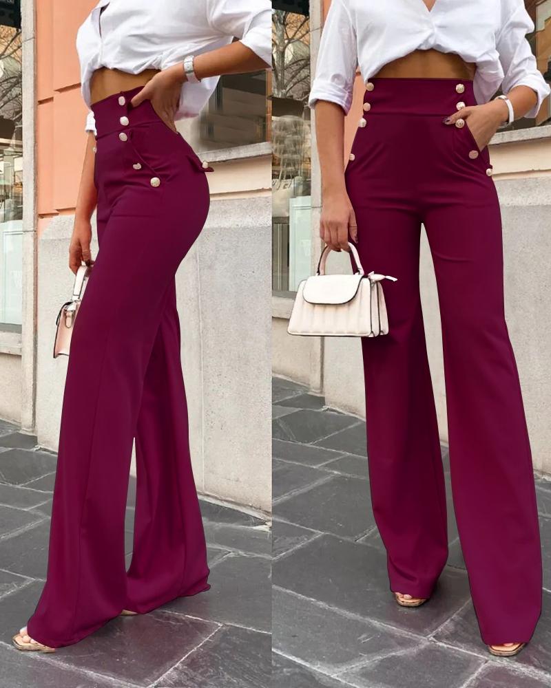 

Pantalones abotonados con diseño de bolsillo de cintura alta, Wine red