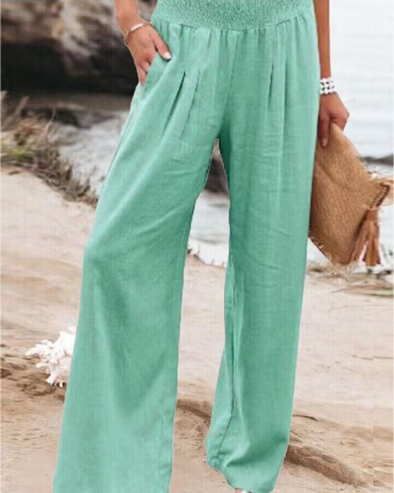 

Gathered Waist Pocket Design Wide Leg Pants, Light green