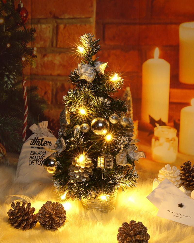 

1pc Artificial Mini Christmas Tree 40cm Tabletop Pre-lit Christmas Tree With LED Lights Pine Cones Hanging Ornaments Christmas Decorations, Silver