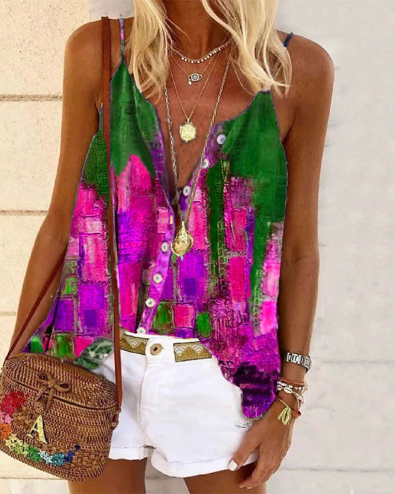 

Cami Open Front Multicolor Print Tank, Purple