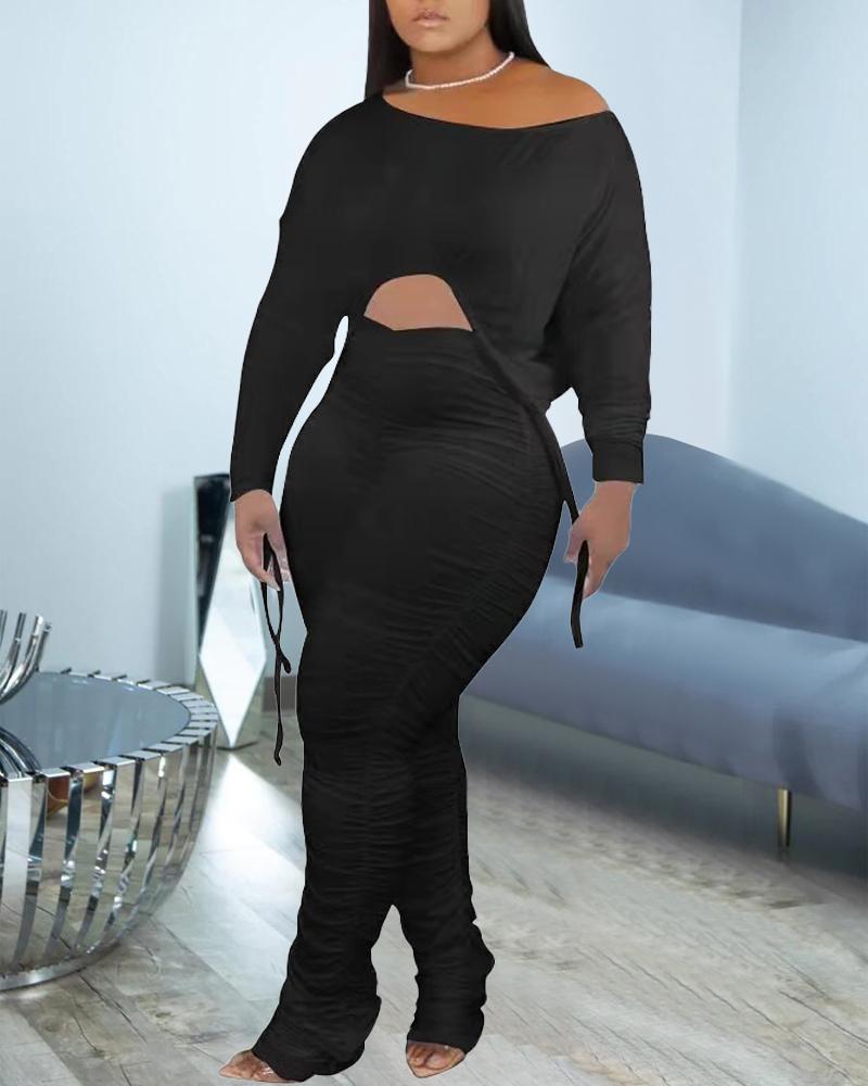 

Plus Size Drawstring Crop Top & Ruched Pants Set, Black