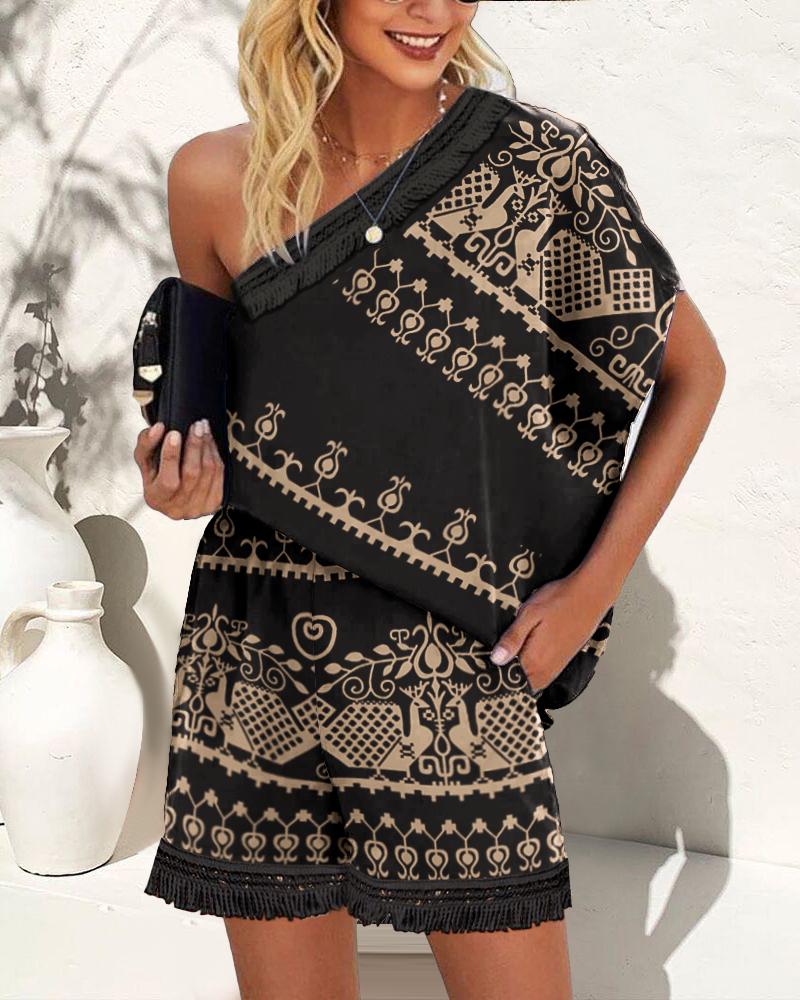 Tribal Print Tassel Trim One Shoulder Top & Shorts Set