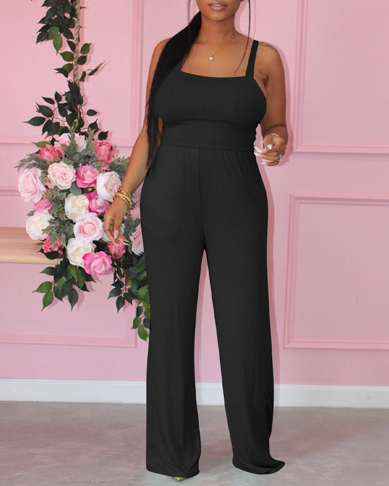 

Thin Strap Square Neck Straight Leg Jumpsuit, Black