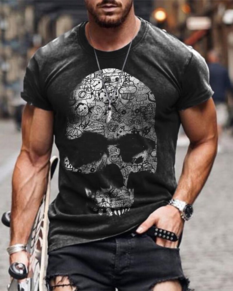 

Skeleton Print Short Sleeve Loose T-shirts, Black