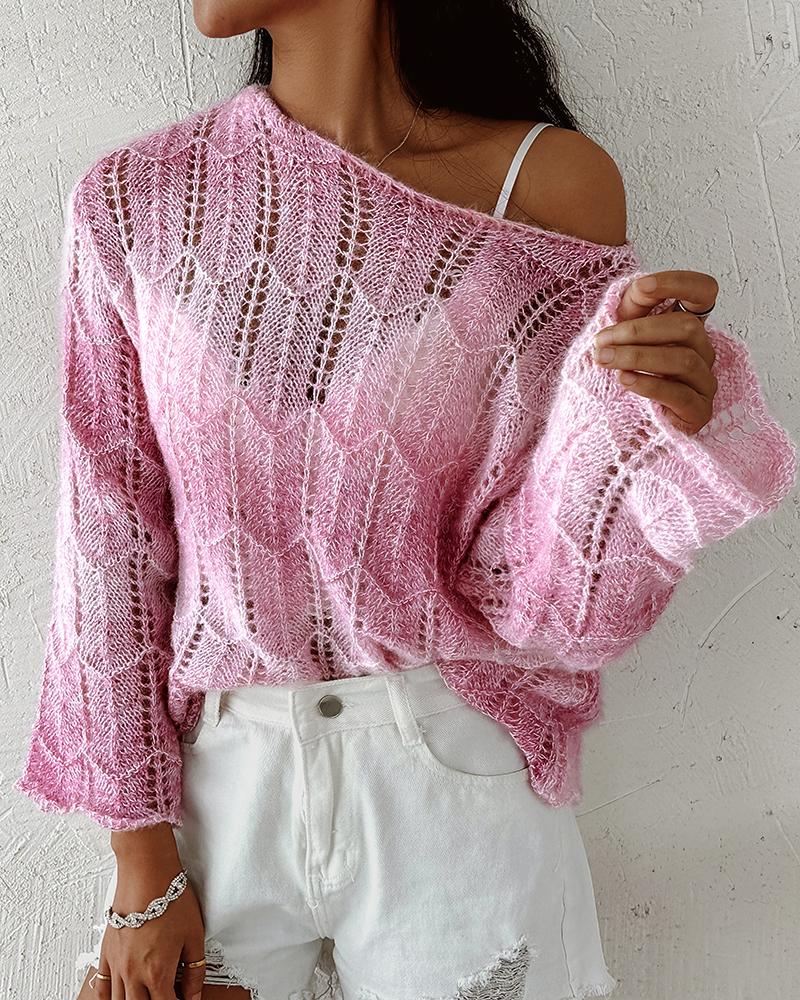 

Ombre Hollow Out Skew Neck Knit Sweater, Pink