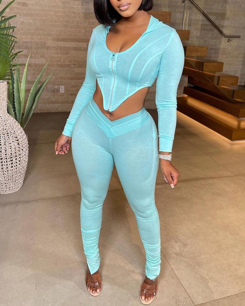 

Zip Front Hanky Hem Hooded Crop Top & Skinny Pants Set, Blue