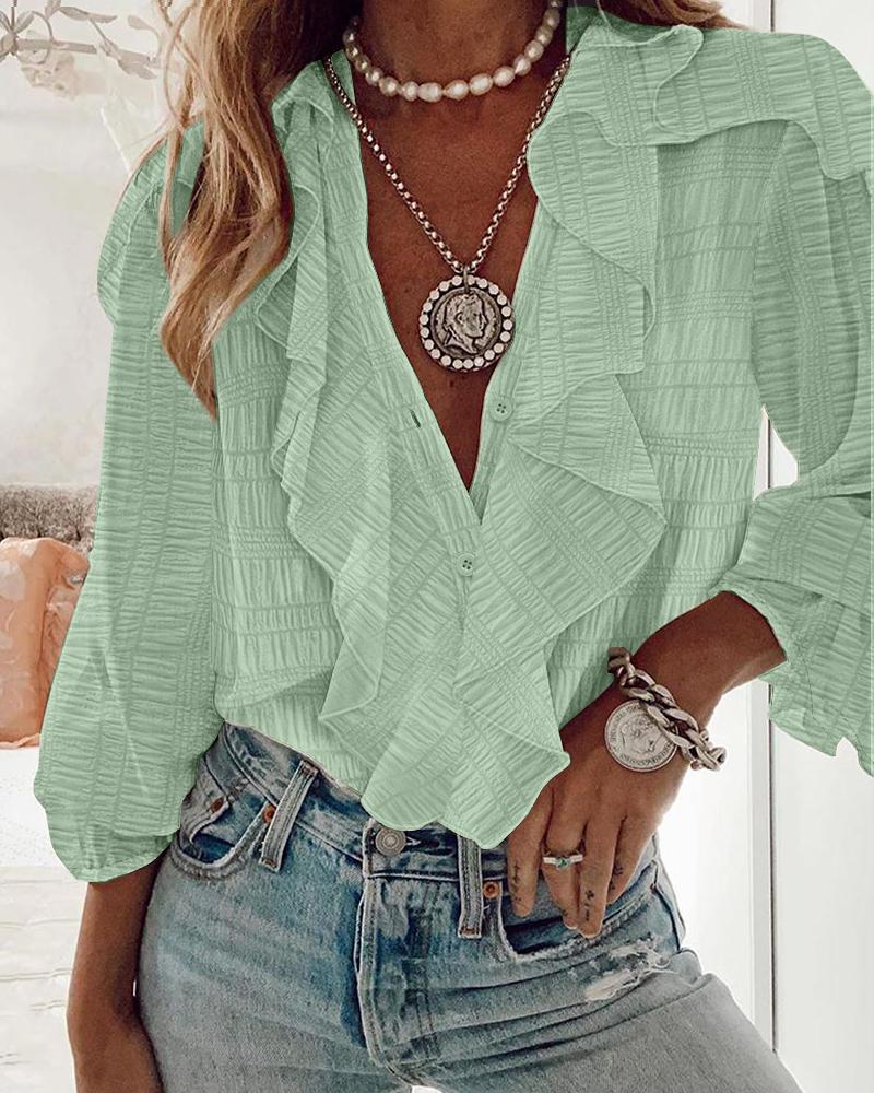 Ruffle Hem Long Sleeve Textured Blouse