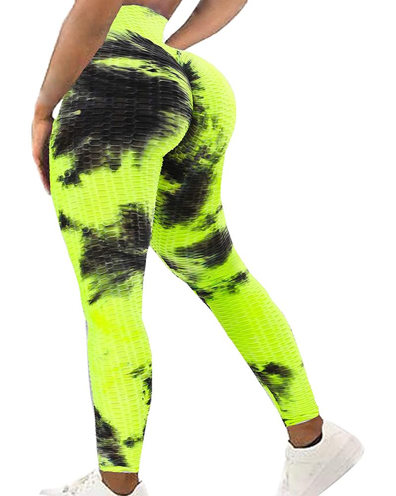 

Tie Dye Print Bubble Textured High Waist Yoga Pants Tummy Control Slimming Booty Leggings, Yellow