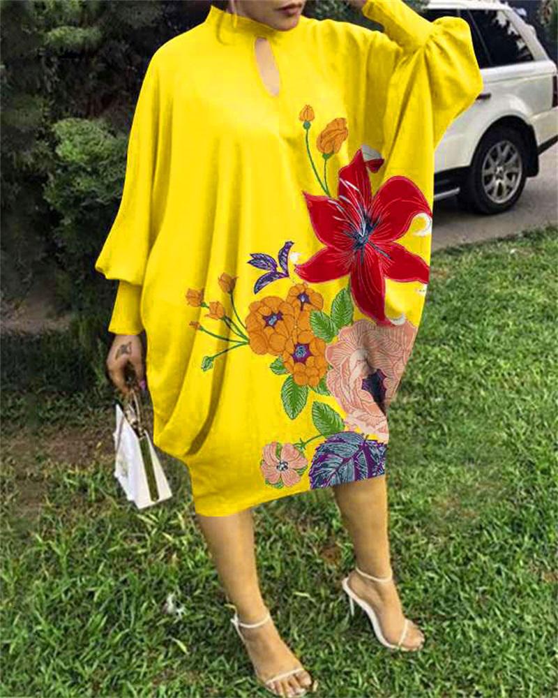 

Plus Size Floral Print Batwing Lantern Sleeve Casual Dress, Yellow