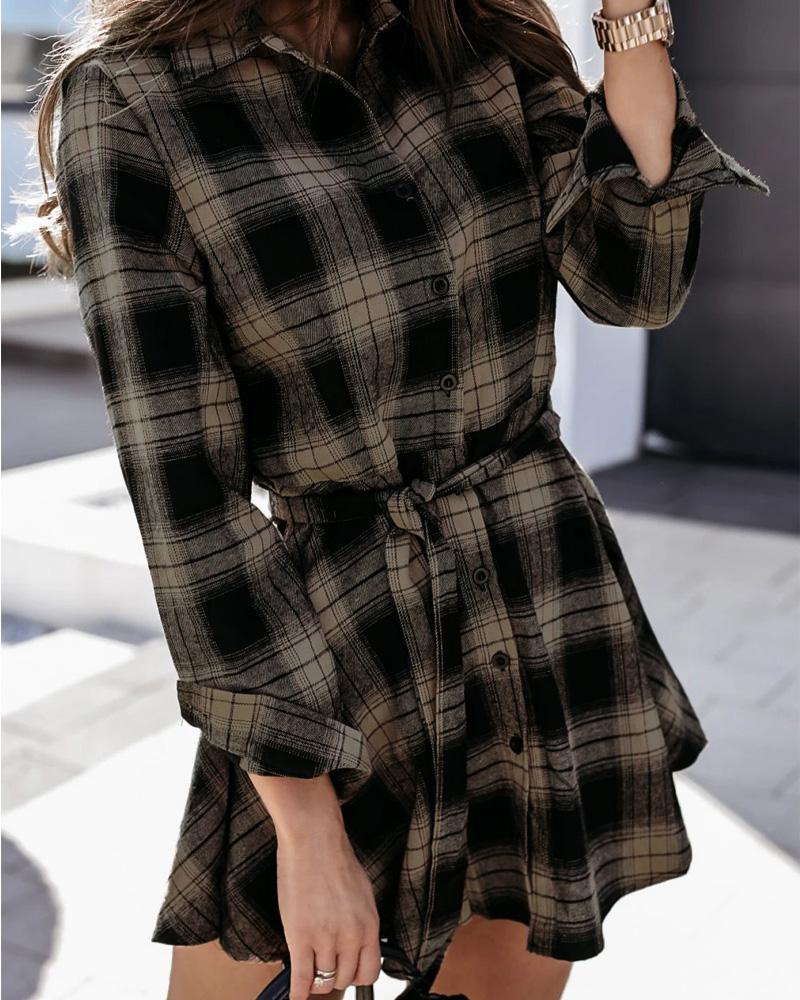 

Plaid Print Long Sleeve Button Up Belted Shirt Dress, Coffee
