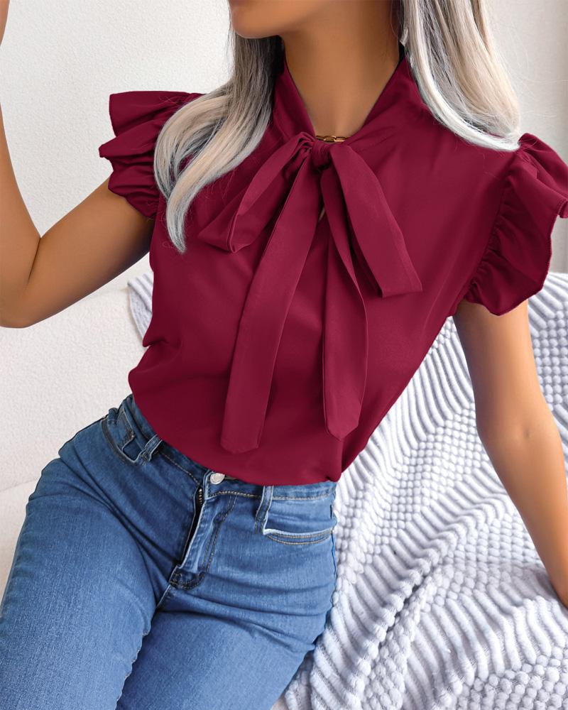 

Tie Neck Puff Sleeve Top, Wine red