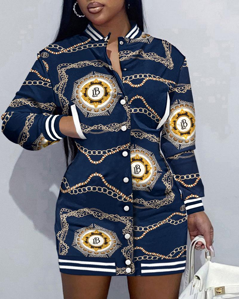 

Chain Print Baseball Collar Button Front Casual Dress, Dark blue
