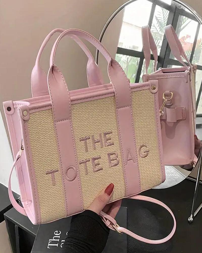 

Letter Embroidery Versatile All-Match Straw Tote Bag, Pink