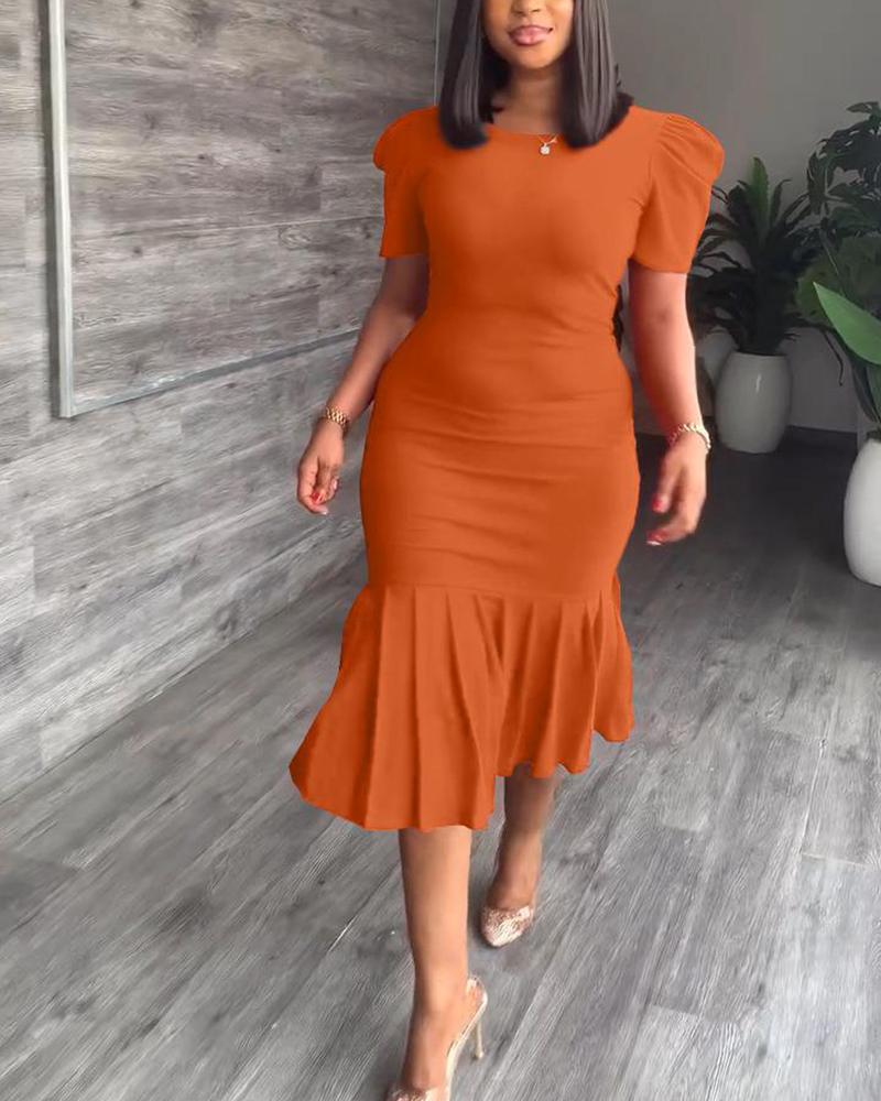 

Round Neck Puff Sleeve Pleated Work Dress, Orange