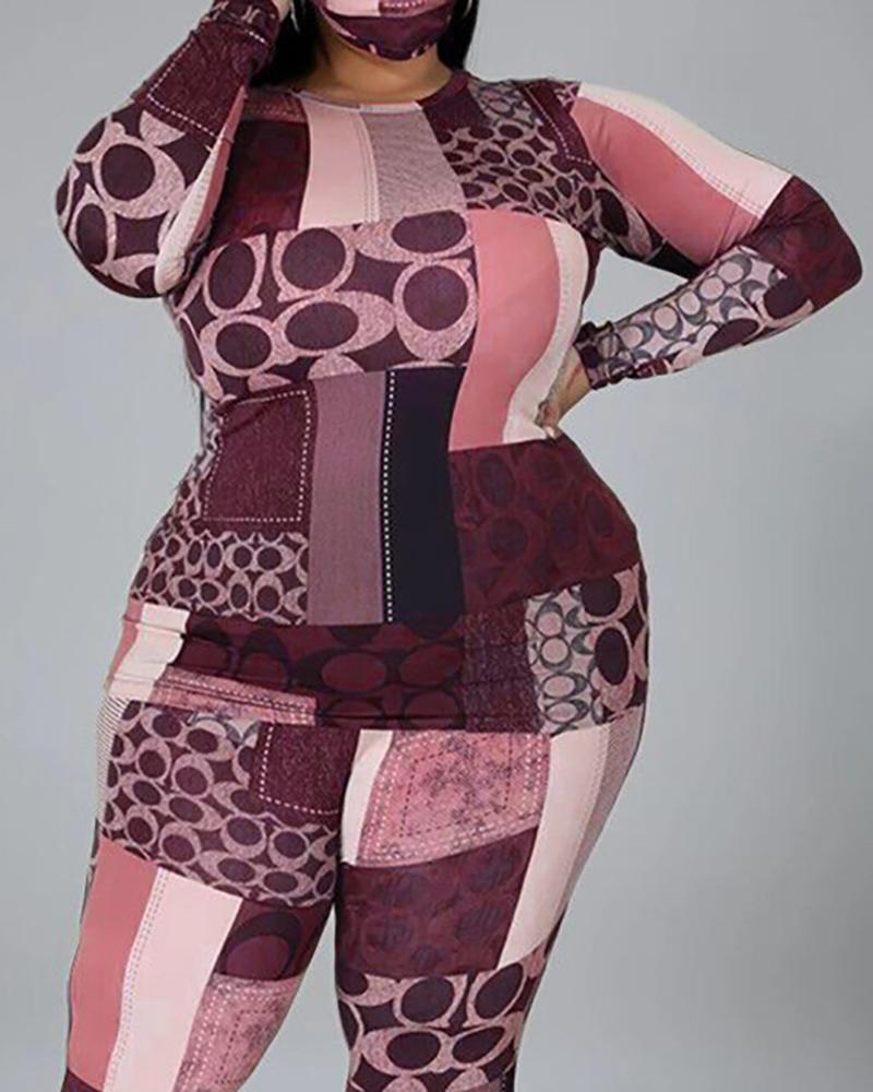 

Plus Size All Over Print Long Sleeve Top & Pants Set, Pink