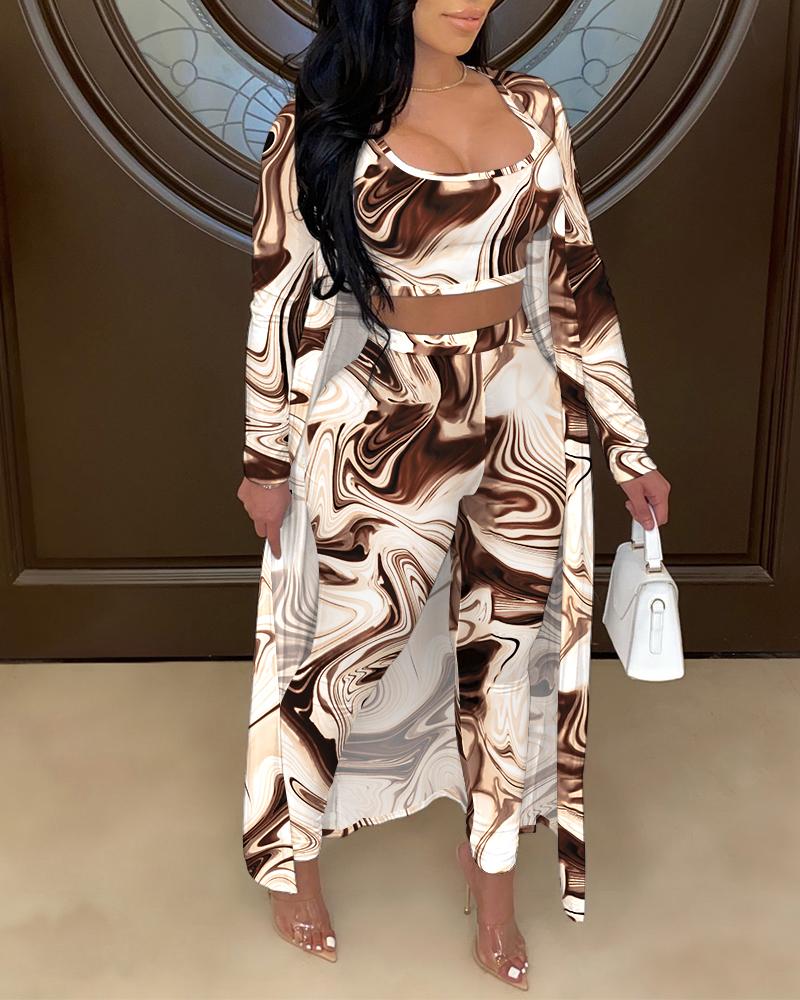 

Abstract Print Tank Top & High Waist Pants Set With Long Sleeve Cardigan, Brown