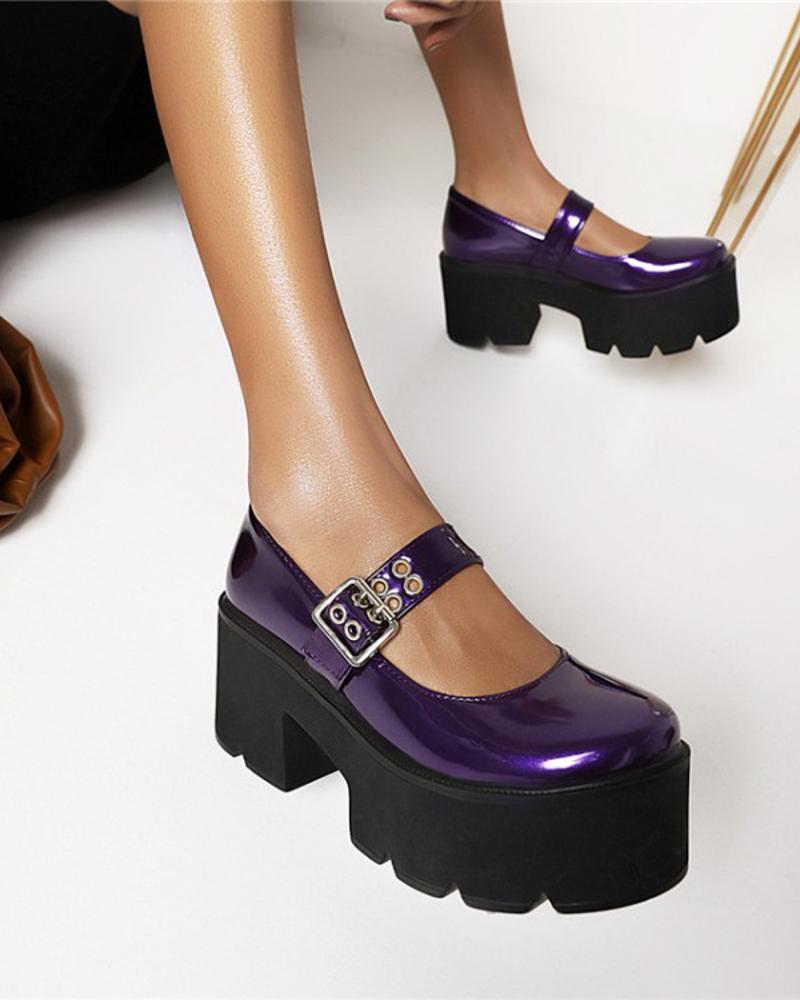 

Chic Ladies Single Strap Round Toe Shiny Finish Platform Shoes, Purple
