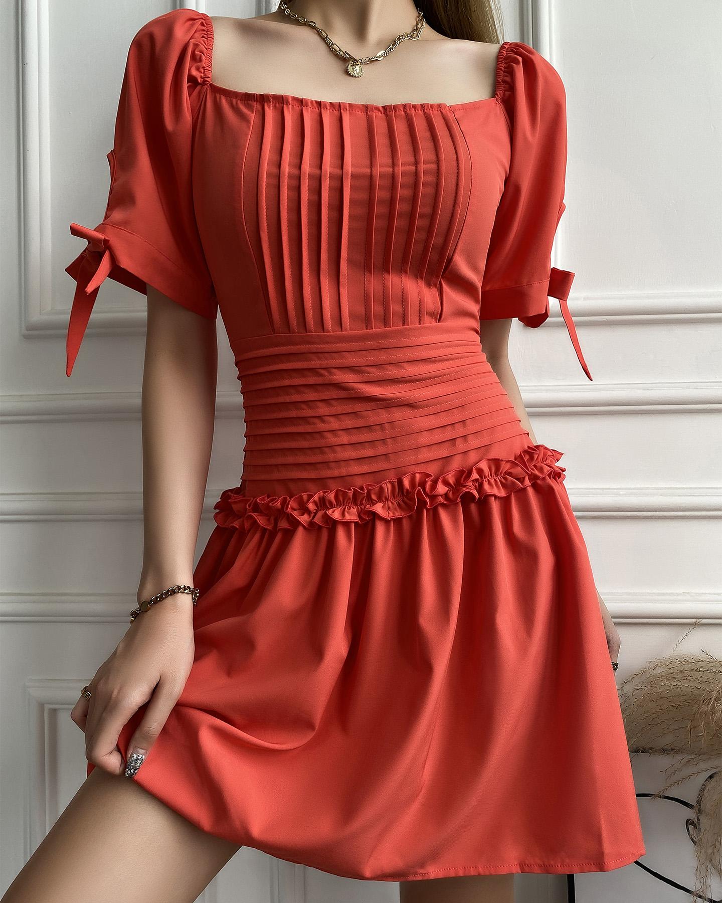 

Solid Color Square Neck Ruffle Hem Dress, Style1