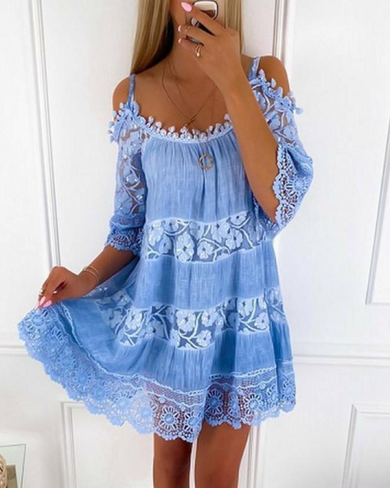 

Lace Patchwork Cold Shoulder Dress, Blue