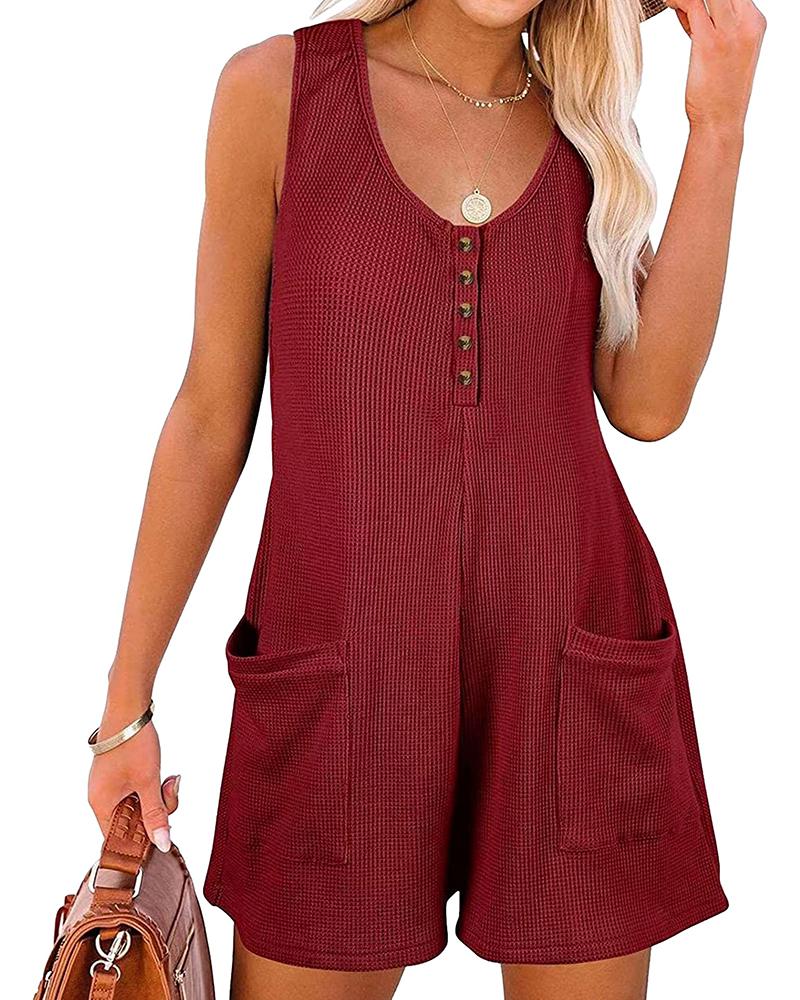 

Pocket Design Waffle Knit Romper, Wine red