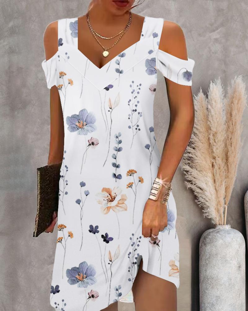 

Floral Print Cold Shoulder Casual Dress, White
