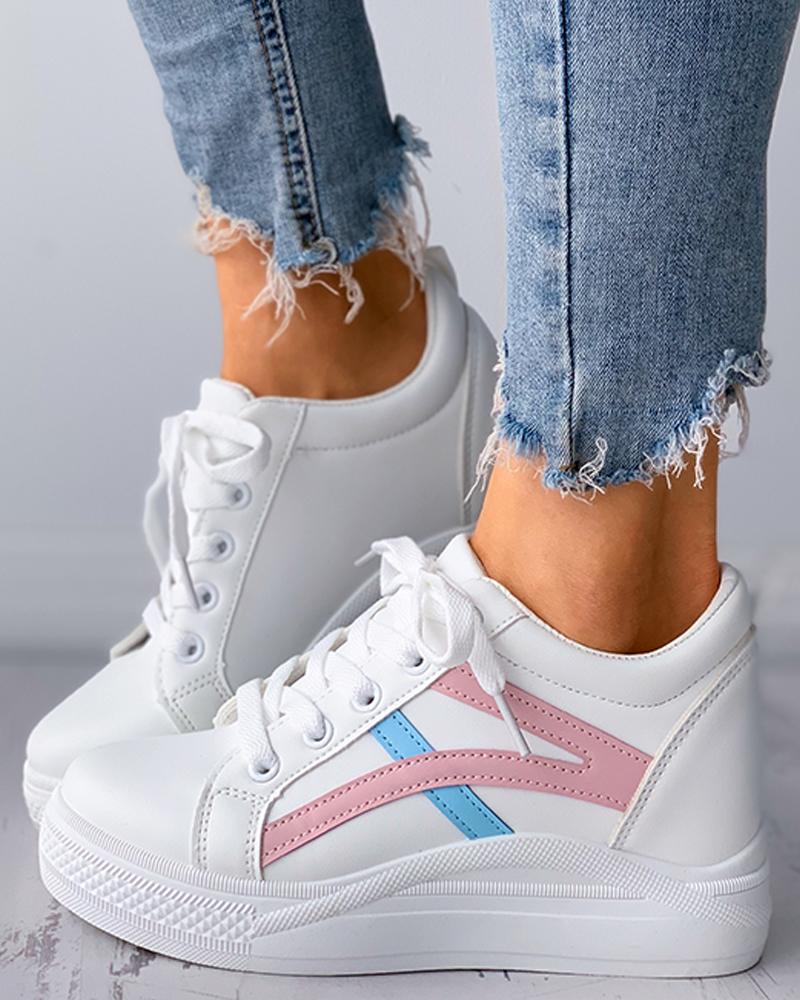 

Striped Colorblock Eyelet Lace-up Casual Muffin Sneaker, Pink