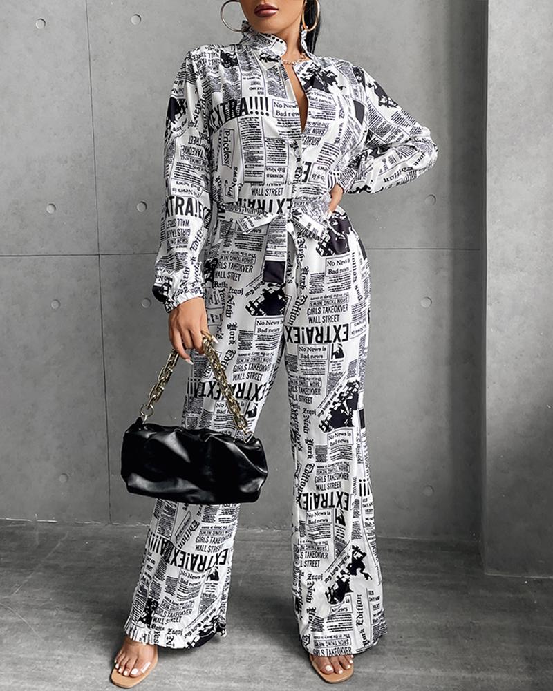 

All Over Newspaper Print Button Front Belted Jumpsuit, Black&white