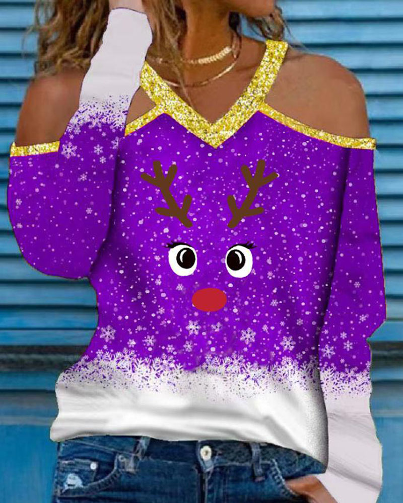 

Christmas Cartoon Elk Snowflake Print Cold Shoulder Top, Purple