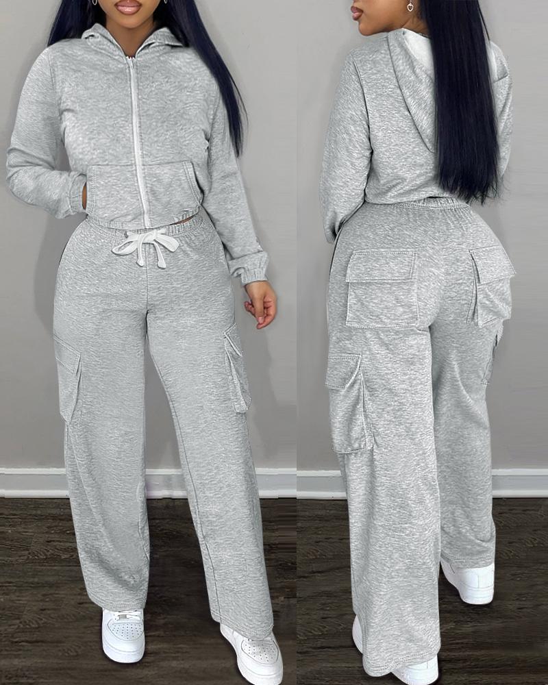 

Ensemble sweat-shirt à capuche court à manches longues et pantalon de survêtement à poches, Gray