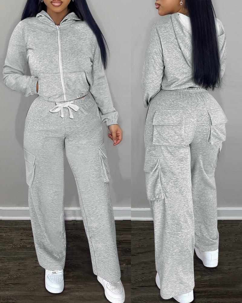 

Long Sleeve Crop Hooded Sweatshirt & Pocket Design Sweatpants Set, Gray