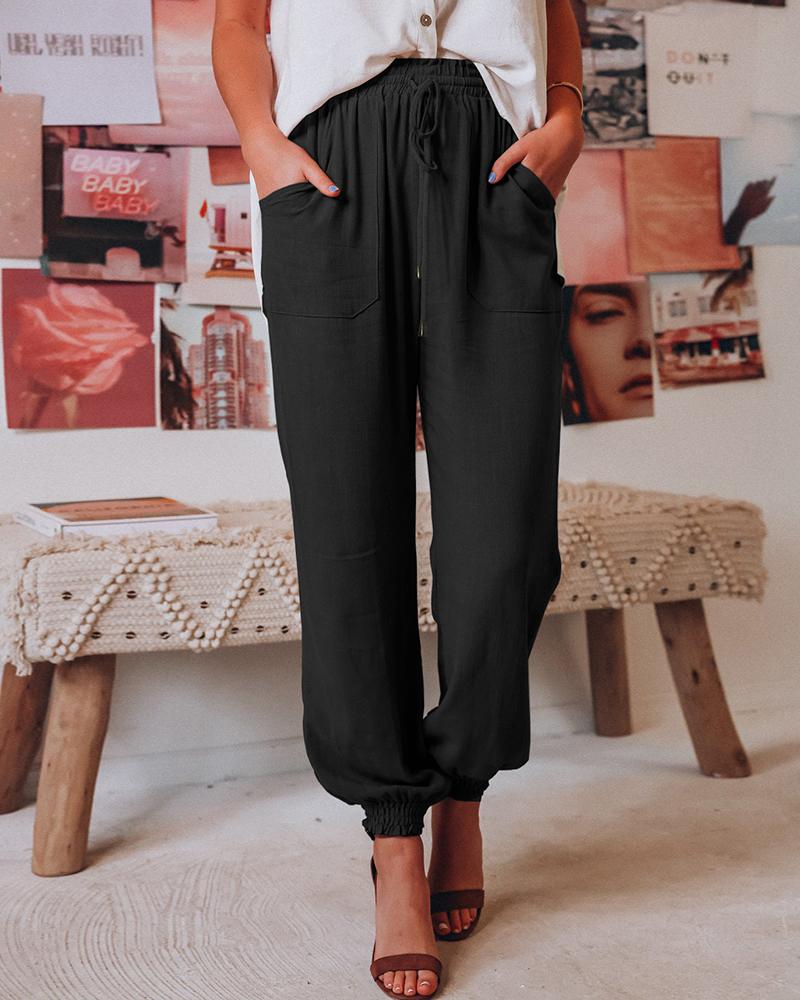 

Drawstring Pocket Design Casual Cuffed Pants, Black