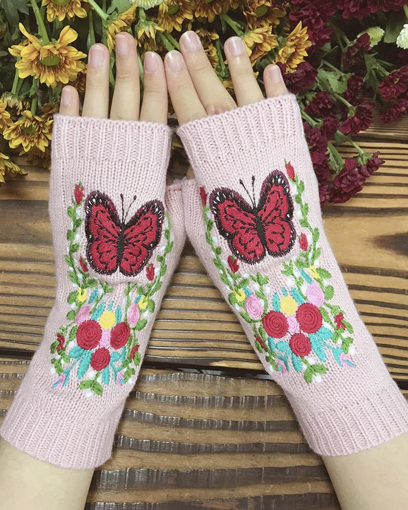 

1Pair Floral Butterfly Embroidery Fingerless Knit Gloves, Pink