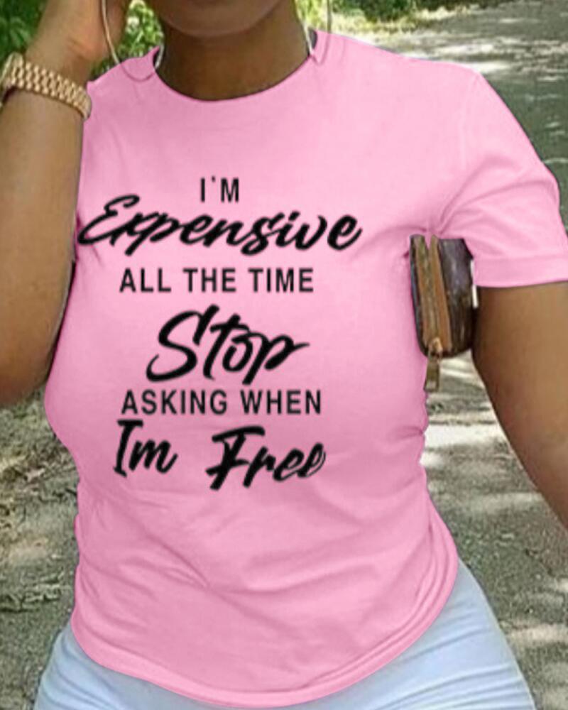 

Letter Print Short Sleeve Casual T-shirt, Pink