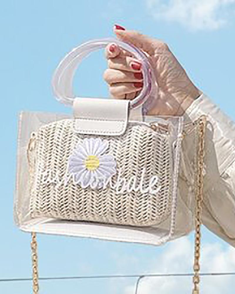 

Clear Letter Print Floral Pattern Satchel Bag, Beige