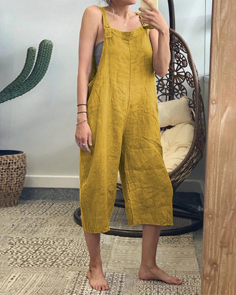 

Square Neck Sleeveless Buttoned Suspender Jumpsuit, Yellow